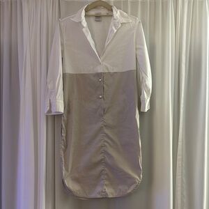 Sara Roka - White and Tan Notched Collar Midi Dress - Size 40